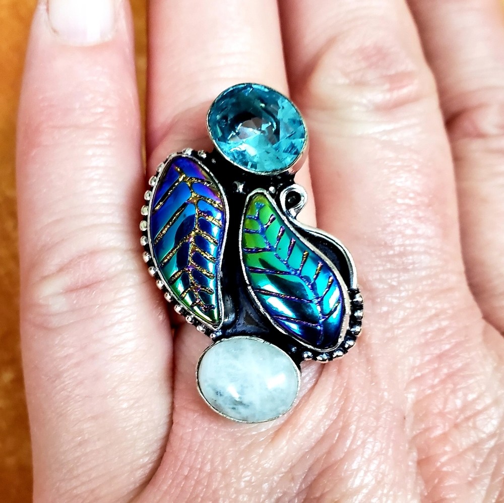 New Carved Rainbow Hematite, Rainbow Moonstone, Blue Topaz 925 Silver Ring.